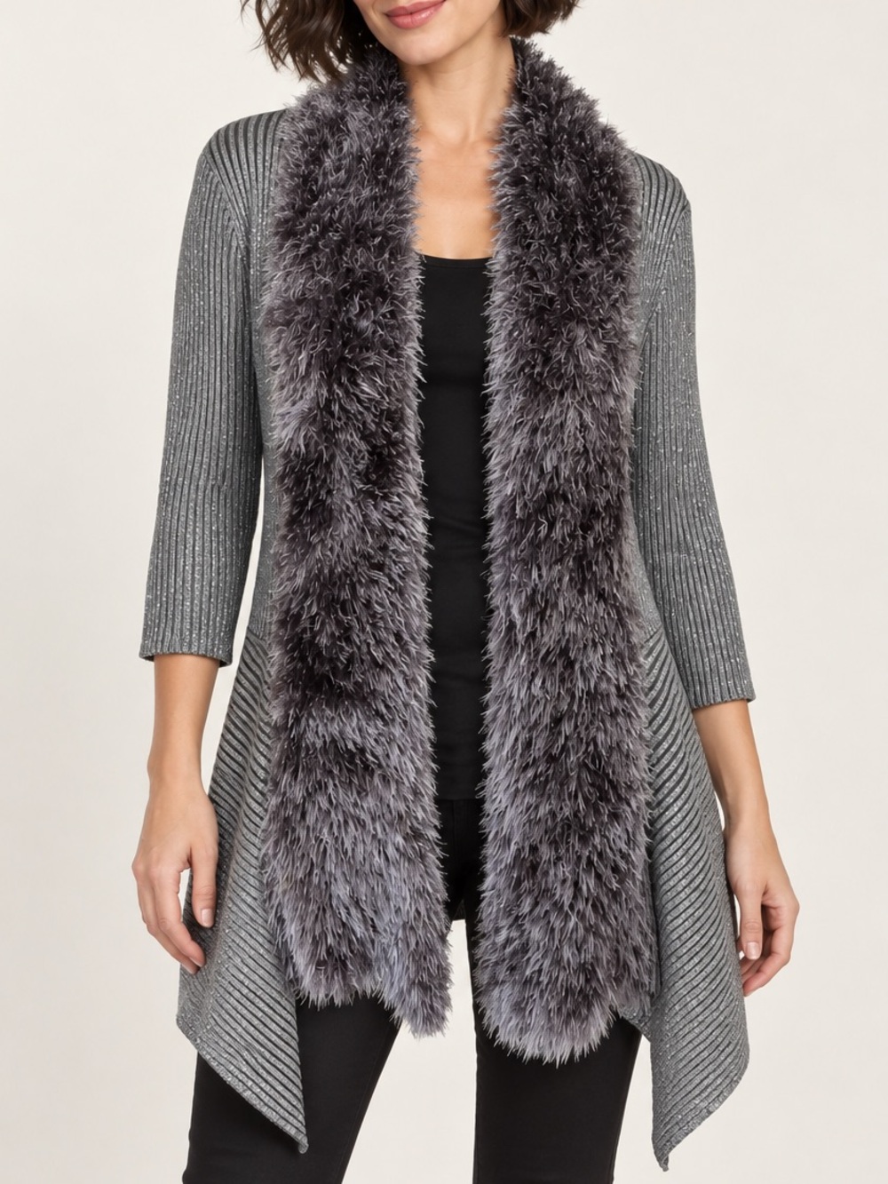 Metallic Shaggy Trim Cardigan Lauren Michelle Small Open Front Waterfall Sweater